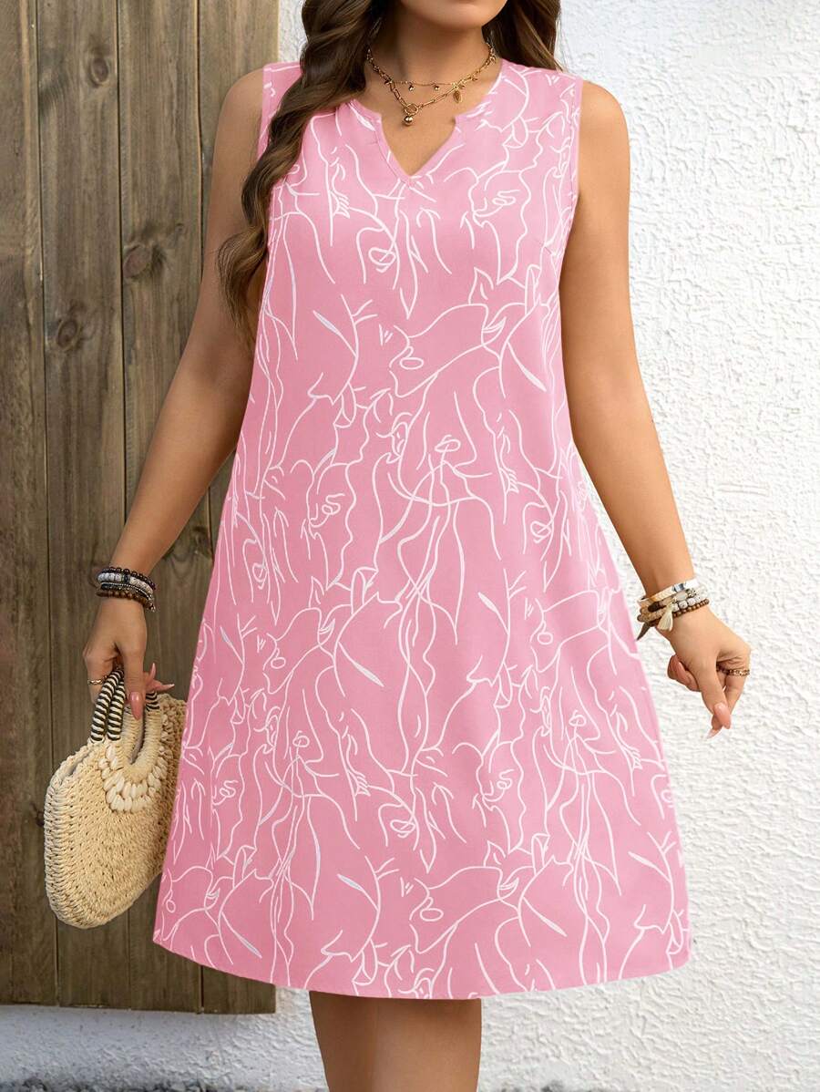 SHEIN LUNE Váy không tay cổ chữ V in hình mặt trừu tượng cỡ lớn cho nữ, mùa hè - Hồng - Xem 1