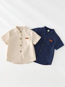 SHEIN 2 件套男婴休闲基本款纯色短袖翻领衬衫套装，百搭套装，适合生日派对、晚会、表演、婚礼、迎婴派对、一个月大、一周岁庆典 - 彩色 - 查看 4