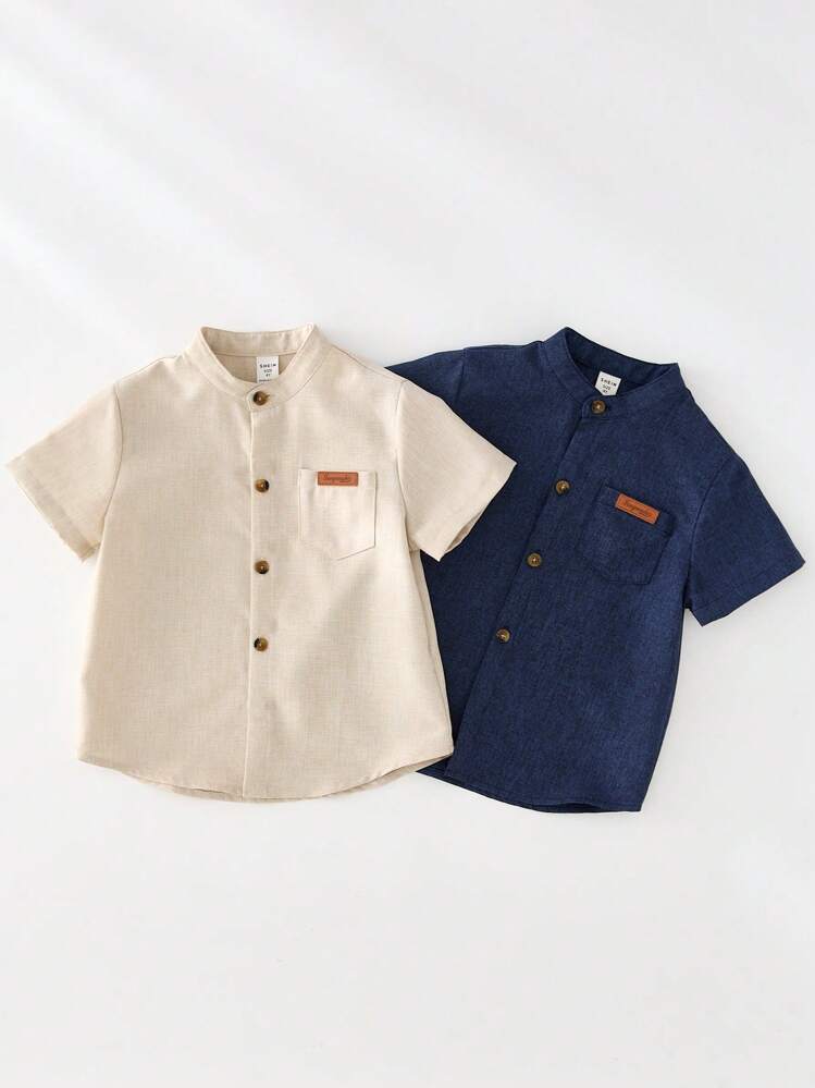 SHEIN 2pcs/Set Baby Boy Casual Basic Solid Color Short Sleeve Collared Shirt Outfit, Versatile Set Suitable For Birthday Party, Evening Event, Performance, Wedding, Baby Shower, One Month Old, One Year Old Celebration Shirts For Baby Boys Shirts For Toddler Boys - Multicolor - View 4