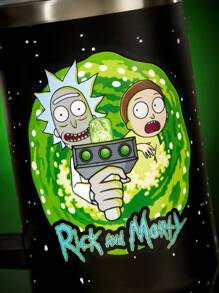 Rick and Morty X SHEIN 40 Oz / 1200 Ml Flat Bottom Cup Stainless Steel Double-Layer Vacuum Insulated Cup With Lid, With Straw, Suitable For Hot Drinks And Cold Drinks, Printed With Star Pattern, Gifts For Friends - Black - View 7