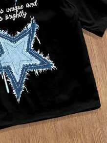 Manfinity Joysei Loose Retro Style Denim Patchwork Star Print Black Loose Cropped Shirt Men Cropped Shirts - Black - View 5