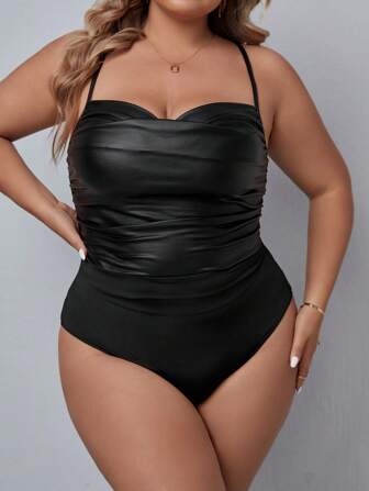 SHEIN Privé Plus Size Ruched PU Läder Elastisk Slimming Cami Bodysuit