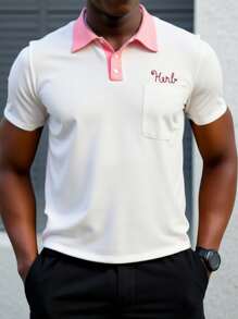 Manfinity VCAY Men's Casual Knit Letter Embroidered Loose Raglan Short Sleeve Polo Shirt - Multicolor - View 2