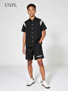 SHEIN Teen Boy Street Fashion Contrast Color Striped Loose Collar Shirt - Black - View 1