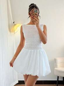 Chiquease Woven Embroidered Sleeveless Open Back Shirred Hem Women's Mini Dress - White - View 3