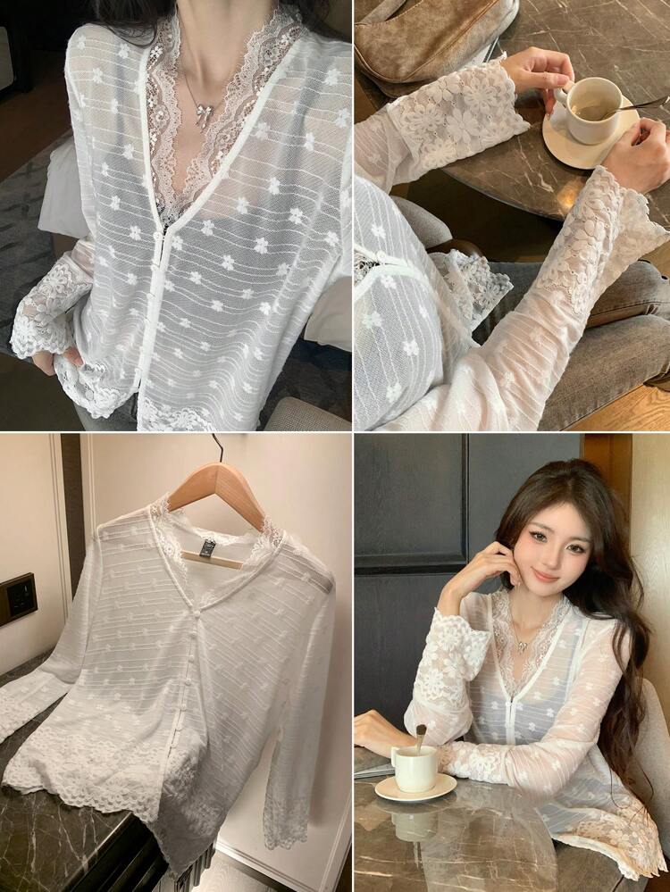 Women's Loose Casual Vacation Style Lace Patchwork Open Front Cover Up Cover Up, V-Neck Long Sleeve Lightweight Lace Shirt, Spring/Summer/Autumn,Fall Women Clothes