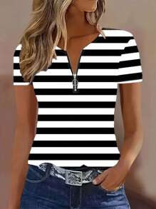 INAWLY Women's Summer Zip-Up Half Placket Striped Short Sleeve Casual T-Shirt - Black and White - View 1