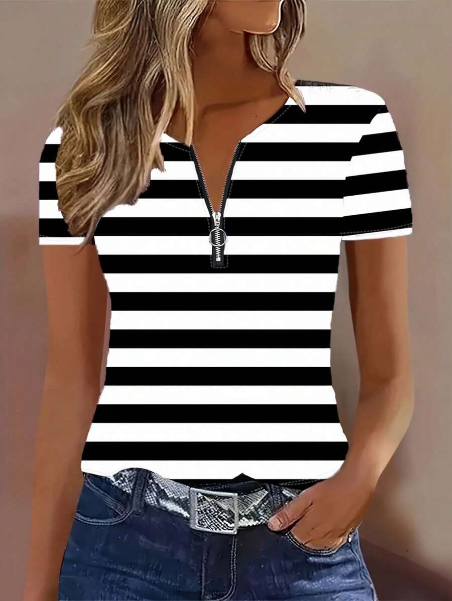 INAWLY Women's Summer Zip-Up Half Placket Striped Short Sleeve Casual T-Shirt - Black and White - View 1
