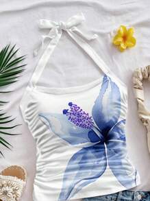 Soleia Women's Wrap-Around Gathered Backless Cami, Floral Print, Suitable For Summer Vacation