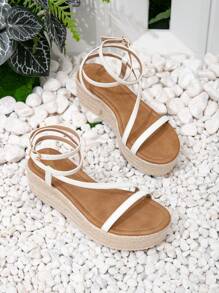 Styleloop Women's Woven Rope Platform Wedge Sandals, Vacation Style BOHO Chic Retro American Western Music Festival Party Thick Bottom Shoes - White - View 4