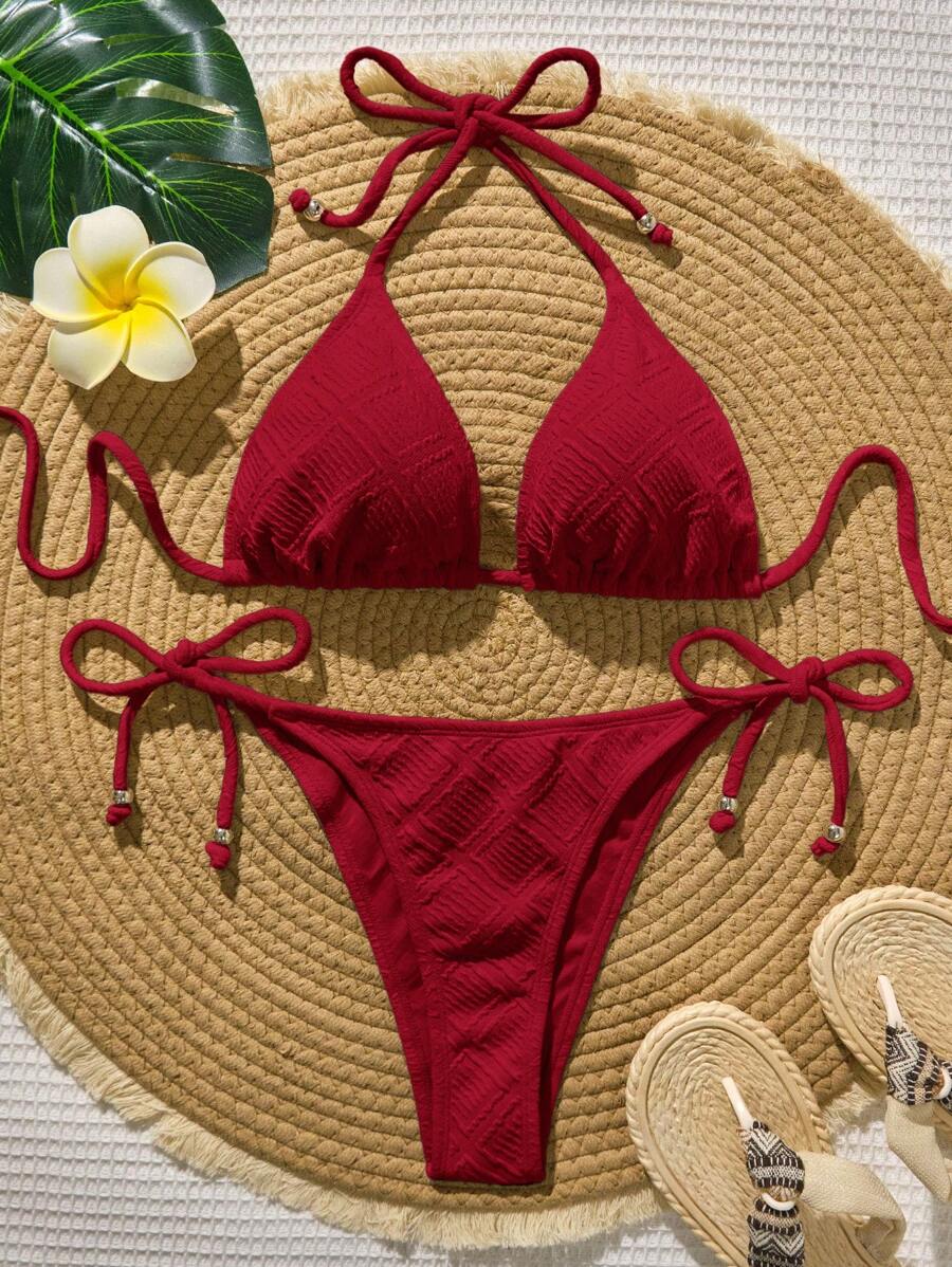 Bellisia Women's Summer Beach Solid Color Halter Tie-Up Sexy Bikini Swimwear Set - Red - View 1