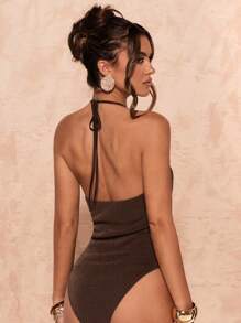 SHEIN BAE Summer Shades Of Brown 70's Club Night Party Disco Halterneck Metal Buckle Elegant Tight Bodysuit,Coffee Brown Music Festival Vacation Clothing - Brown - View 2
