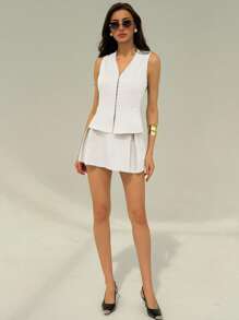 Aloruh Bộ 2 món áo không tay và chân váy trơn màu thanh lịch dành cho nữ - trắng - Xem 4