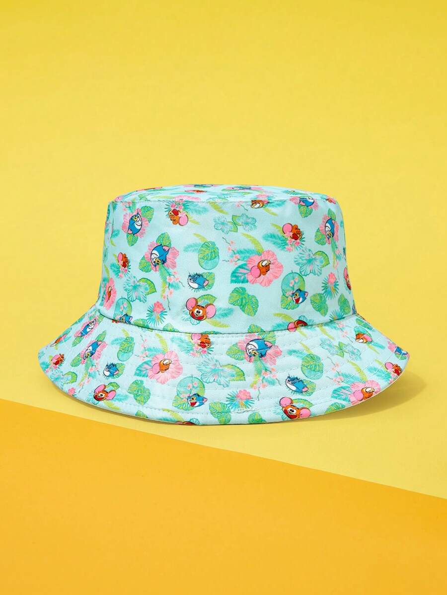TOM & JERRY X SHEIN Cartoon Pattern Reversible Bucket Hat, Street Fashion - White - View 1