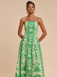 Travachic 女士热带植物印花细肩带A字连衣裙，适合度假