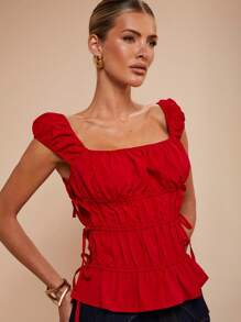 Camiseta de mujer elegante con volantes y lazada lateral para vacaciones, primavera/verano - Rojo - Ver 3
