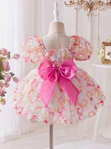 SHEIN Váy dệt tay bồng cổ viền hoa 3D cho bé gái - Hồng - Xem 2