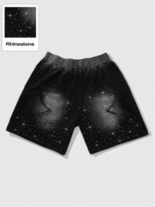 ROMWE MEN Grunge Punk 男士街头风格星星贴花设计破洞短裤，左大腿处有黑色星星贴片，复古外观，黑色抽绳腰带开合，星星印花装饰细节，宽松舒适休闲版型 - 黑色 - 查看 4