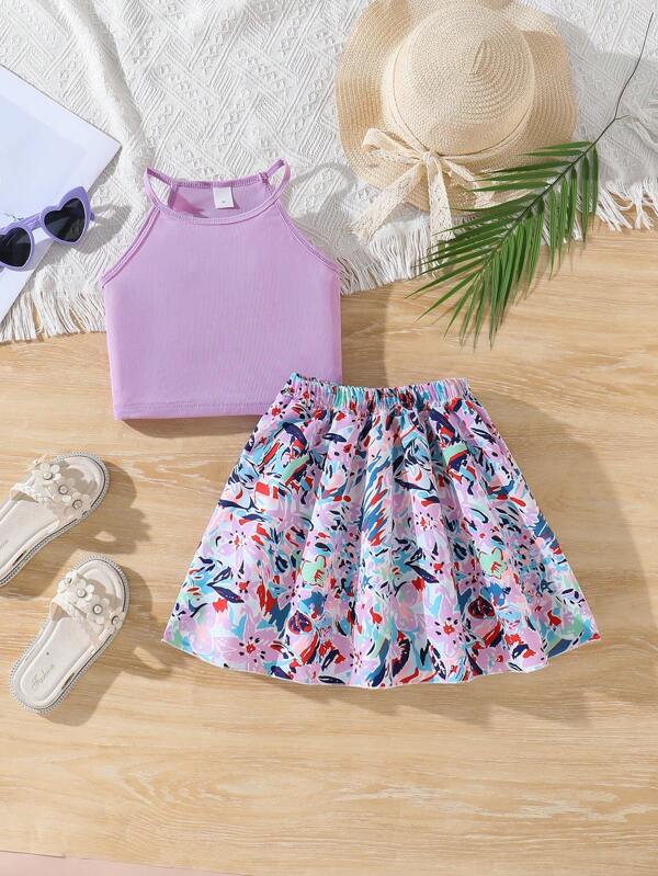 Young Girl 2-Piece Knit Vest & Printed Skirt Set, Suitable For Daily Commute, Outings, Displays Active And Cute Style Summer Holiday