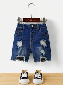 SHEIN Young Boy Blue Denim Elastic Skinny Distressed Shorts - Dark Wash - View 3