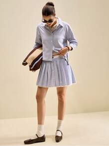 Muvela 2 件女式夏季条纹长袖衬衫和百褶迷你裙套装，优雅女士装 - 藍白色 - 查看 4