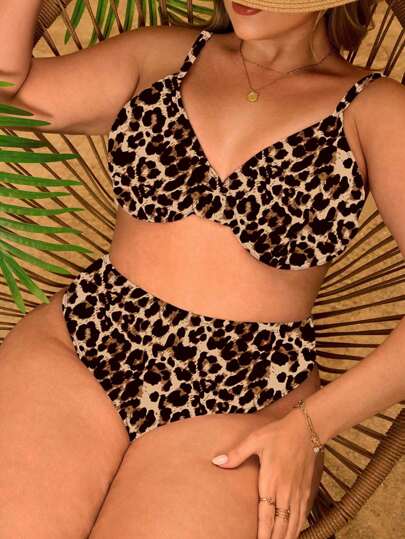 SHEIN Swim Curve 大码女款两件套黑白豹纹随机图案钢圈比基尼套装