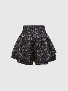 ROMWE Goth Shorts de talla grande con estampado floral de estilo bohemio - Negro - Ver 2