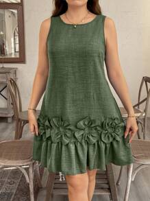 SHEIN LUNE Plus Size Sleeveless 3D Floral Ruffled Hem Straight Dress - Olive Green - View 5