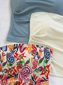 Soleia 3 件套女士彩色佩斯利印花、杏色罗纹和黑色罗纹吊带短款针织背心度假装 - 彩色 - 查看 3