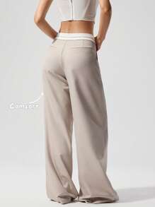 Menodora SHEIN Sport Quần ống rộng đơn giản dệt màu khối cho nữ - Màu Khaki - Xem 3