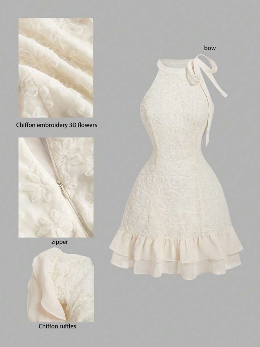 SHEIN MOD 3D 花卉雪纺杏色度假迷你连衣裙、女士夏季服装、沙滩装、女士沙滩装、女士春季服装、太阳裙、波西米亚风、狂欢节服装、春假服装、蓝白连衣裙、生日礼服、派对、毕业礼服、褶边