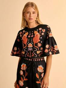 CAJUNI 女式荷叶边度假印花衬衫 - 黑色 - 查看 8