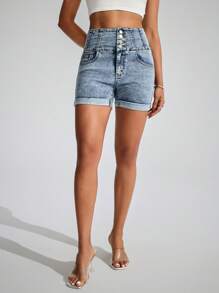 SHEIN EZwear سروال جينز قصير أنيق للسيدات مزود بجيوب وأزرار - أزرق متوسط - مشاهدة 6