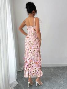 Selianne 女士优雅网眼花卉系带肩无袖腰部修身喇叭裙，适合外出，春夏季