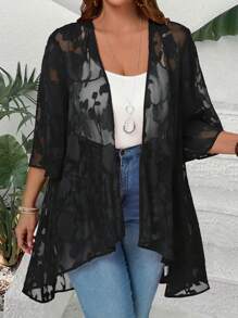 EMERY ROSE Plus Size Women Jacquard Mesh Three Quarter Sleeve Cardigan - Black - View 4