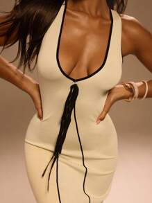 Swim Chiccia Women's Summer Vacation Twist Detail Contrast Piping Smock Dress - Apricot - View 5