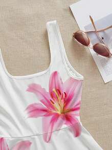 Comfortcana Robe courte à col carré imprimée de fleurs roses, style minimaliste casual, adaptée pour l'été - Multicolore - Voir 4