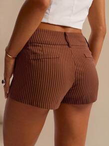 SHEIN BAE Women's Brown Striped Casual Long Pants, Simple & Stylish Low Rise Shorts For Daily, Holiday, Vacation, Office Wear, Spring/Summer,Micro Shorts - Multicolor - View 2