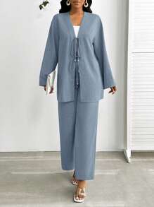 SHEIN Lady مجموعة ملابس علوية وبنطلون كاجوال للنساء قطعتين، ملابس علوية كم طويل مربوطة من الأمام وبنطلون بلون واحد - ازرق ضبابي - مشاهدة 6