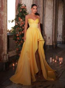 Glamrae Elegante e lussuoso abito da sera lungofatto di raso con arricciature e balze, senza spalline, con spacco, adatto per matrimoni, eventi, feste, vacanze, balli, occasioni formali (design robusto), abito da festa, vestito da sera, per eventi, invitati di matrimonio