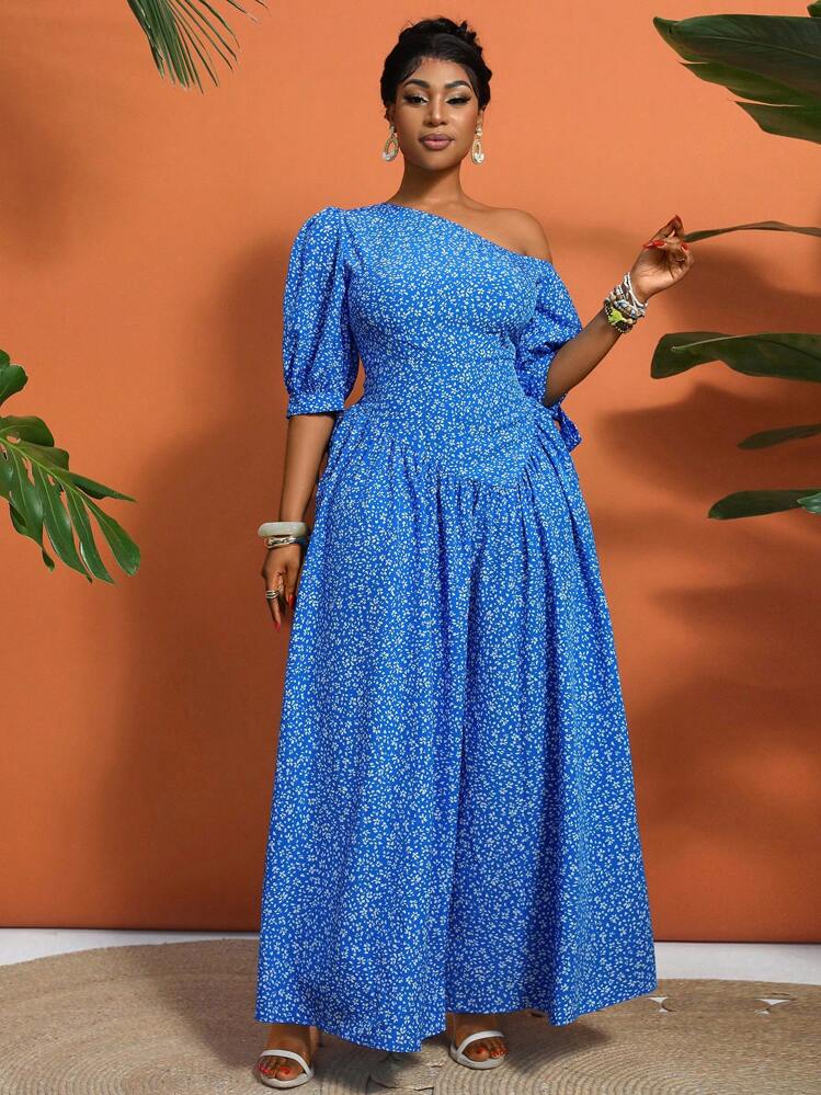 SHEIN LUNE New Arrival Chic Ditsy Floral Asymmetrical Shoulder Women's Long Dress, High-End Style - Multicolor - View 5