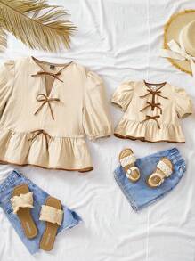 Travachic KIDS Cute "Babygirl" Bow Decor Apricot Short Sleeve Top, Versatile Summer Holiday Wear - Apricot - View 1