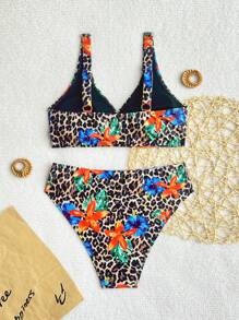 Swim Vcay 2件套新款多色豹纹花朵侧高开叉丁字裤比基尼泳装套装女士沙滩度假 - 彩色 - 查看 6