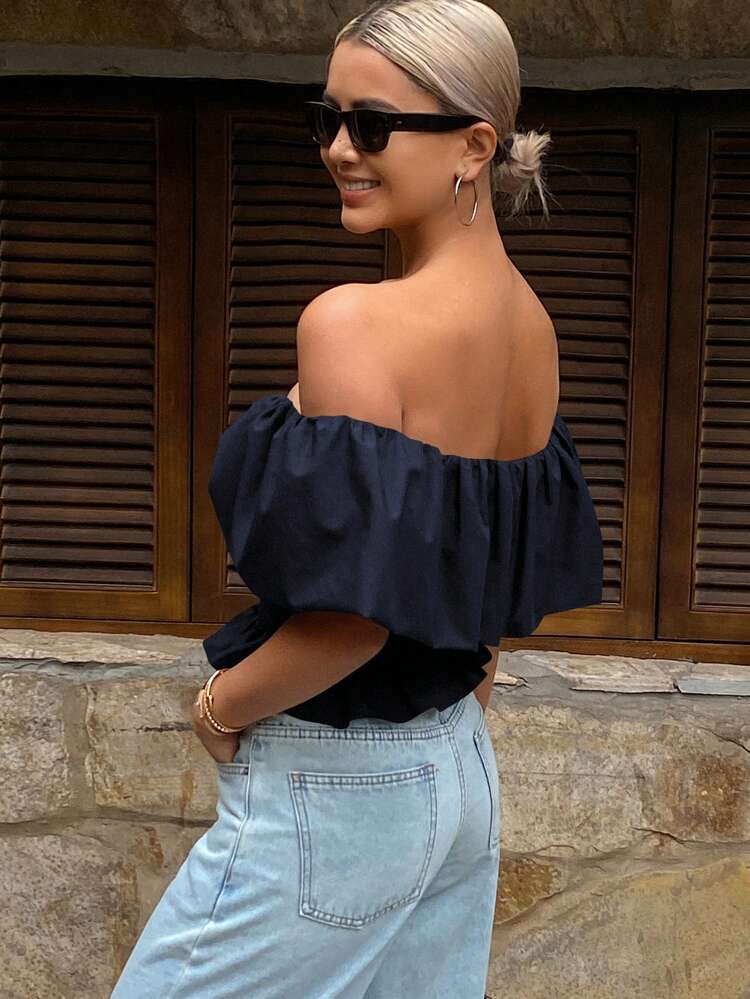 Women's Solid Color Strapless Off Shoulder Elegant Peplum Hem Short Blouse Top , Summer Going Out Tops