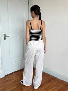 SHEIN 2 件套青少年女孩休闲撞色条纹吊带背心和裤子套装，舒适简约 - 黑與白 - 查看 2