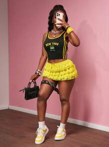 Slaydiva Bộ 2 món/Bộ Xuân/Hè 2025 Áo ba lỗ in họa tiết khối màu vàng phong cách đường phố thường ngày không tay cổ tròn không tay ôm vừa vặn quần short ren viền nhún nhiều lớp cho nữ - Nhiều màu - Xem 3