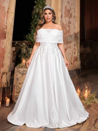 SHEIN Belle 优雅浪漫露肩可拆卸褶饰奢华串珠贴花 3D 花卉褶饰超大荷叶边拖尾婚纱，适合度假、蜜月、正式活动、新娘礼服