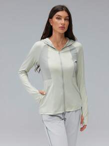 SHEIN Tall Women's Sun Protection Clothing Breathable Slim Quick-Drying UV Protection Hooded Jacket For Outdoor Sports,Hiking,Sage Green,Autumn,Casual,Gym, Tall Women - Green - View 4