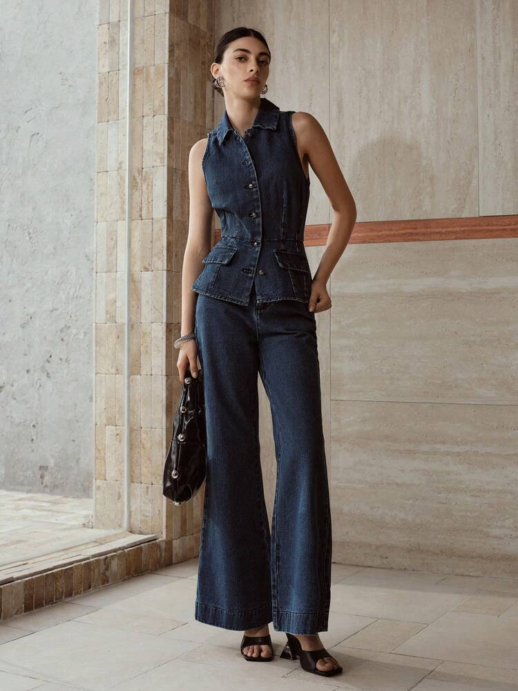 BUTTON UP SLEEVELESS DENIM BLOUSE & FLARE LEG JEANS OUTFIT