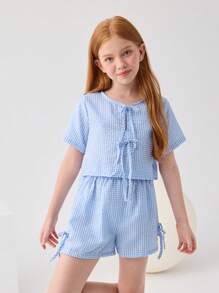 SHEIN Tween 女童格子印花圆领蝴蝶结装饰休闲短袖短款衬衫配蝴蝶结短裤 2 件套，适合返校、休闲度假和日常穿着